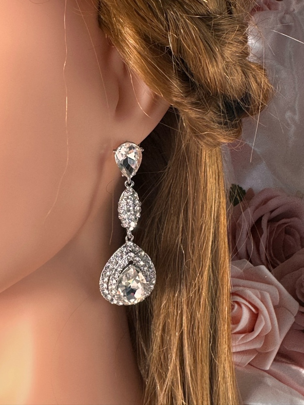 Statement Rhinestone Teardrop Dangle Earrings Silver Crystal Glam New